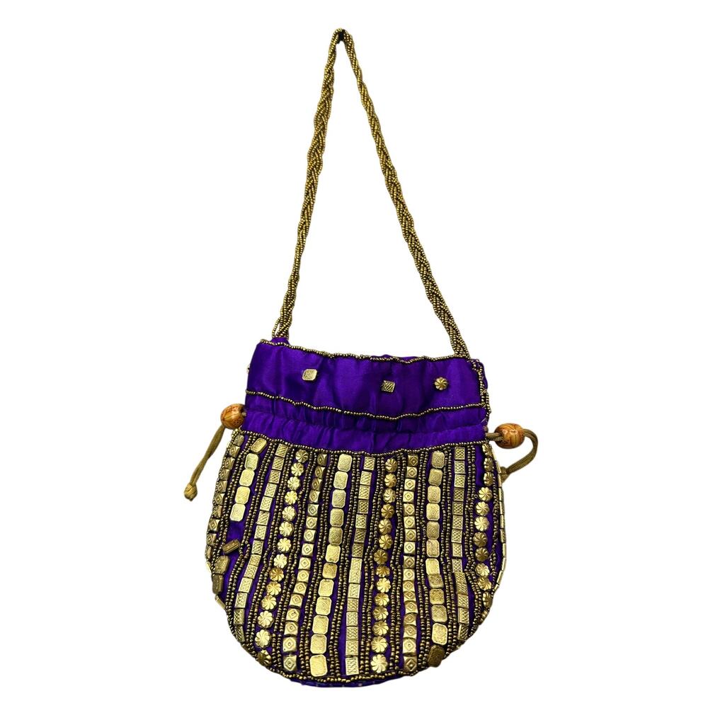 Zardosi Potli Bag, Hand Beaded Floral Charms, Purple Boho Pouch